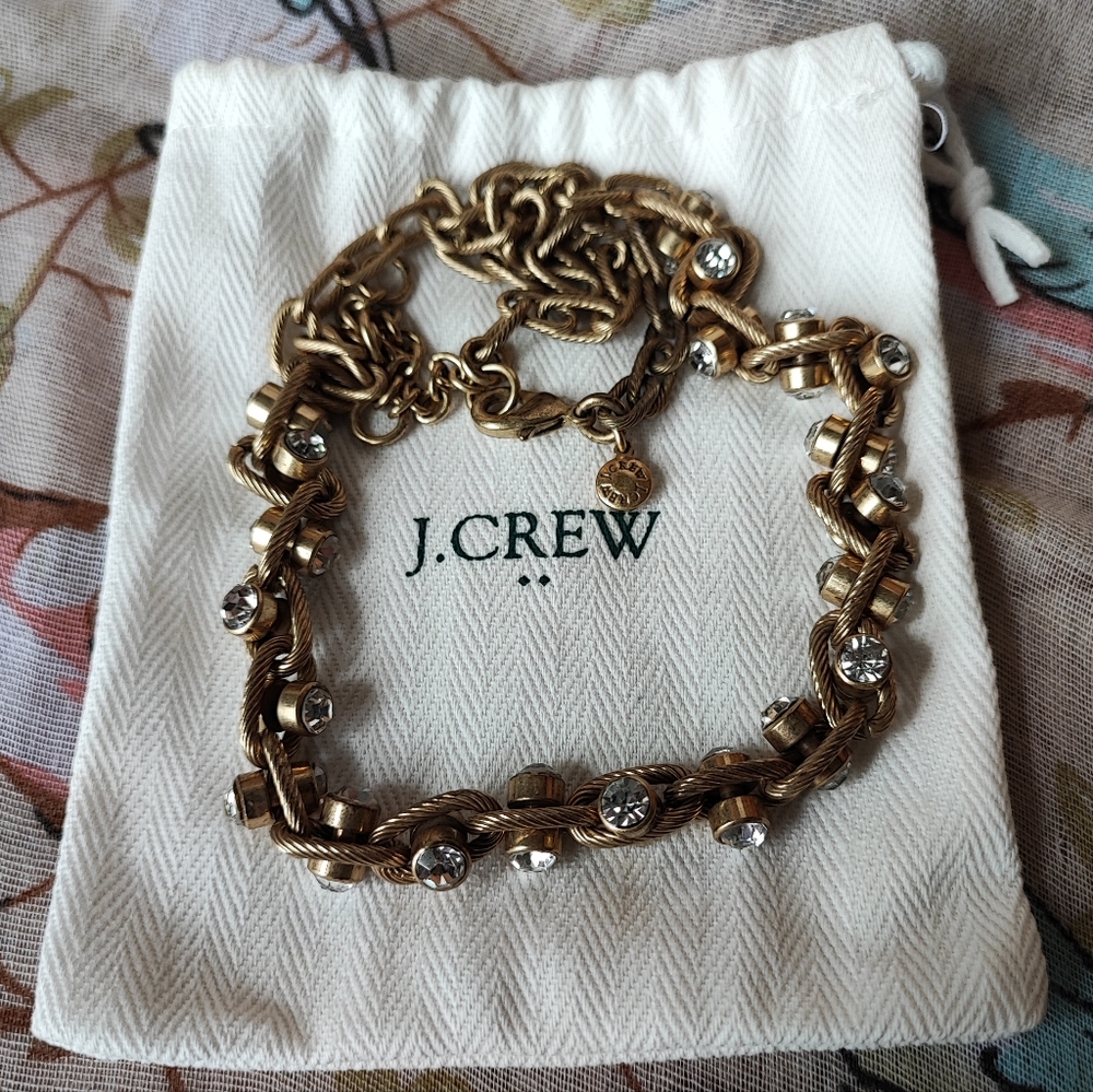 J. Crew Brass Tone Bezel Set Clear Rhinestone Textured Oval link Chain Necklace